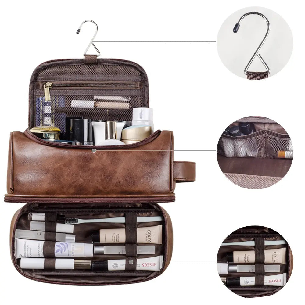 Trousse de toilette voyage en cuir suspendue avec crochet, grande capacité, sac de toilette homme et femme pour salle de bain, trousse cosmétique et sac de rasage élégant, organisation optimale pour bagage cabine et déplacements professionnels