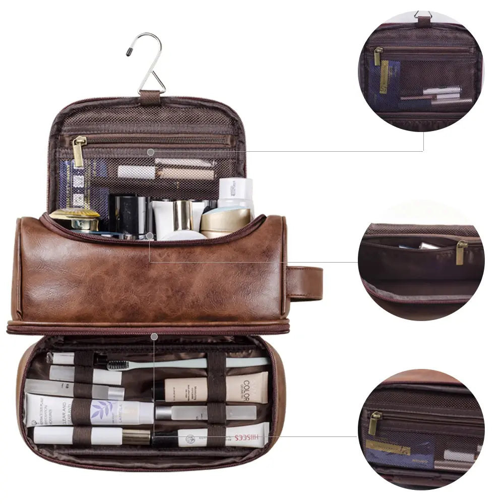 Trousse de toilette voyage en cuir suspendue avec crochet, grande capacité, sac de toilette homme et femme pour salle de bain, trousse cosmétique et sac de rasage élégant, organisation optimale pour bagage cabine et déplacements professionnels