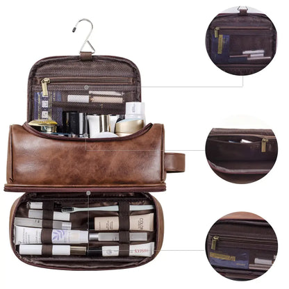 Trousse de toilette voyage en cuir suspendue avec crochet, grande capacité, sac de toilette homme et femme pour salle de bain, trousse cosmétique et sac de rasage élégant, organisation optimale pour bagage cabine et déplacements professionnels