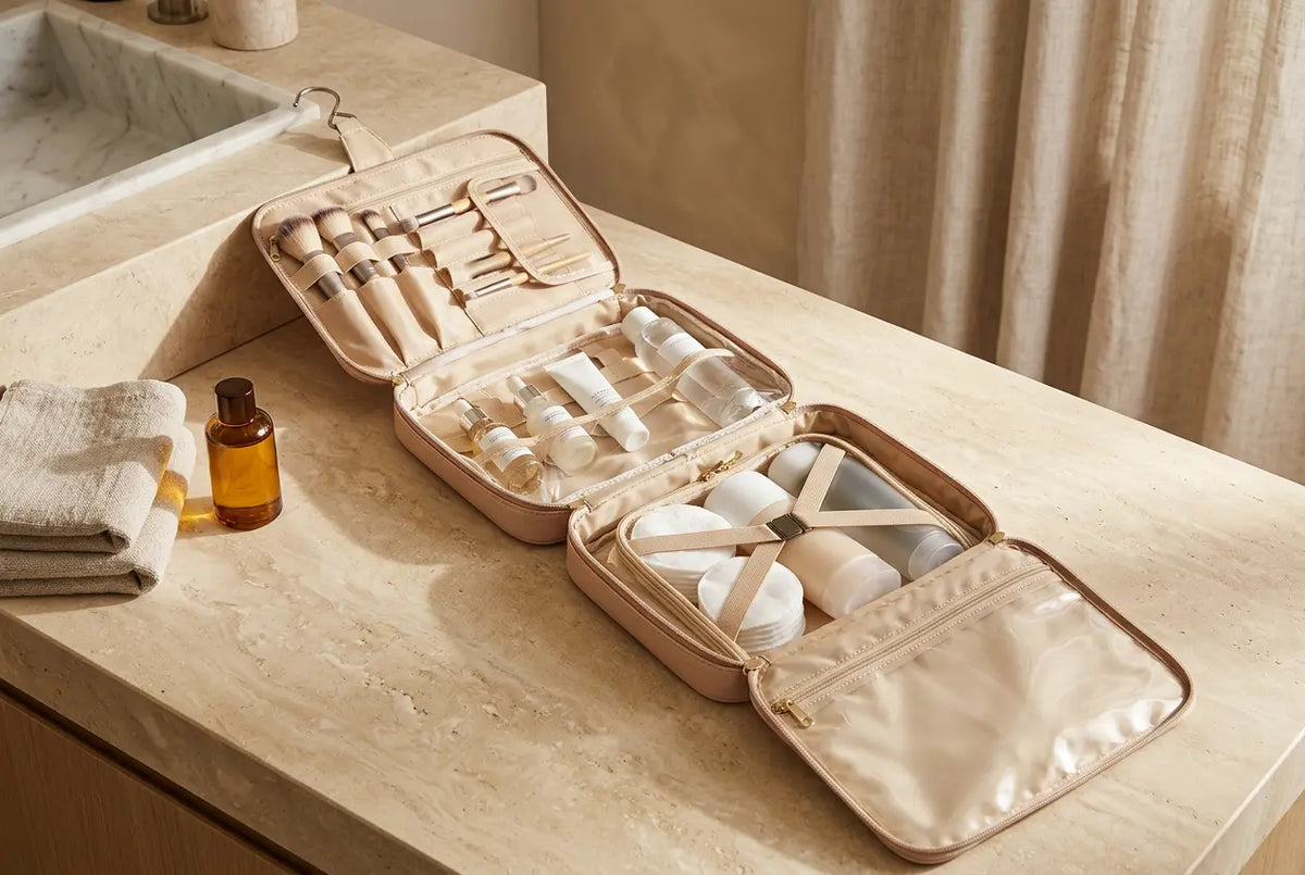 Trousse de maquillage de voyage BelleEscale™ ouverte sur un plan de toilette, avec pinceaux et soins répartis 