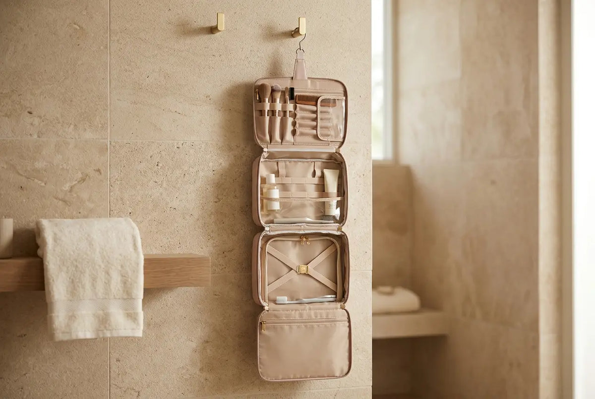 Trousse de toilette suspendue BelleEscale™ dépliée dans une salle de bains d’hôtel, avec ses quatre compartiments accessibles.