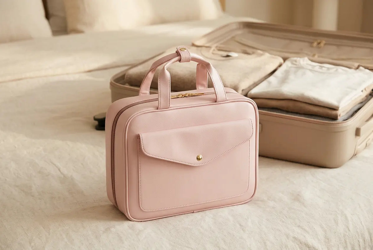 Trousse de toilette de voyage BelleEscale™ rose, fermée avec ses deux poignées, posée près d’une valise ouverte sur un lit.