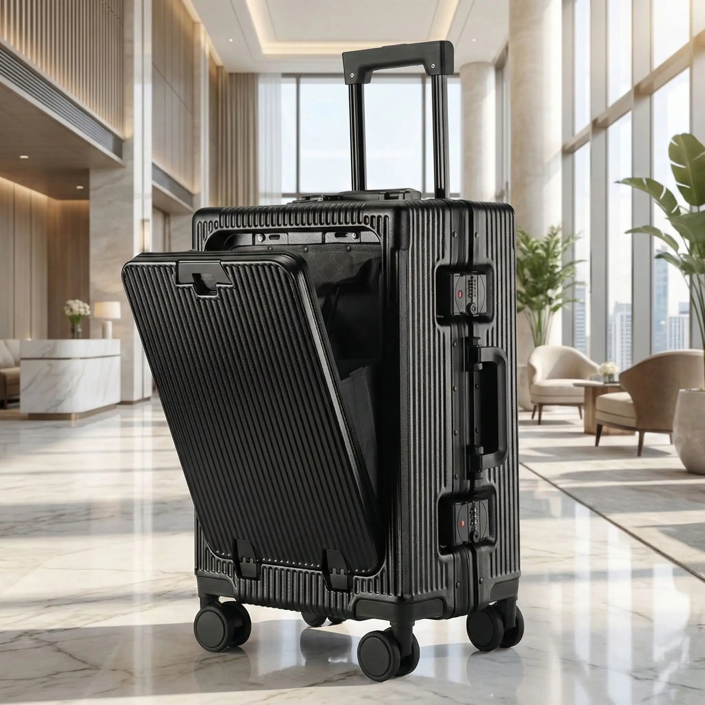 Valise cabine 20 pouces AirFrame Pro noire avec ouverture frontale, idéale pour voyager en cabine avec accès rapide aux affaires