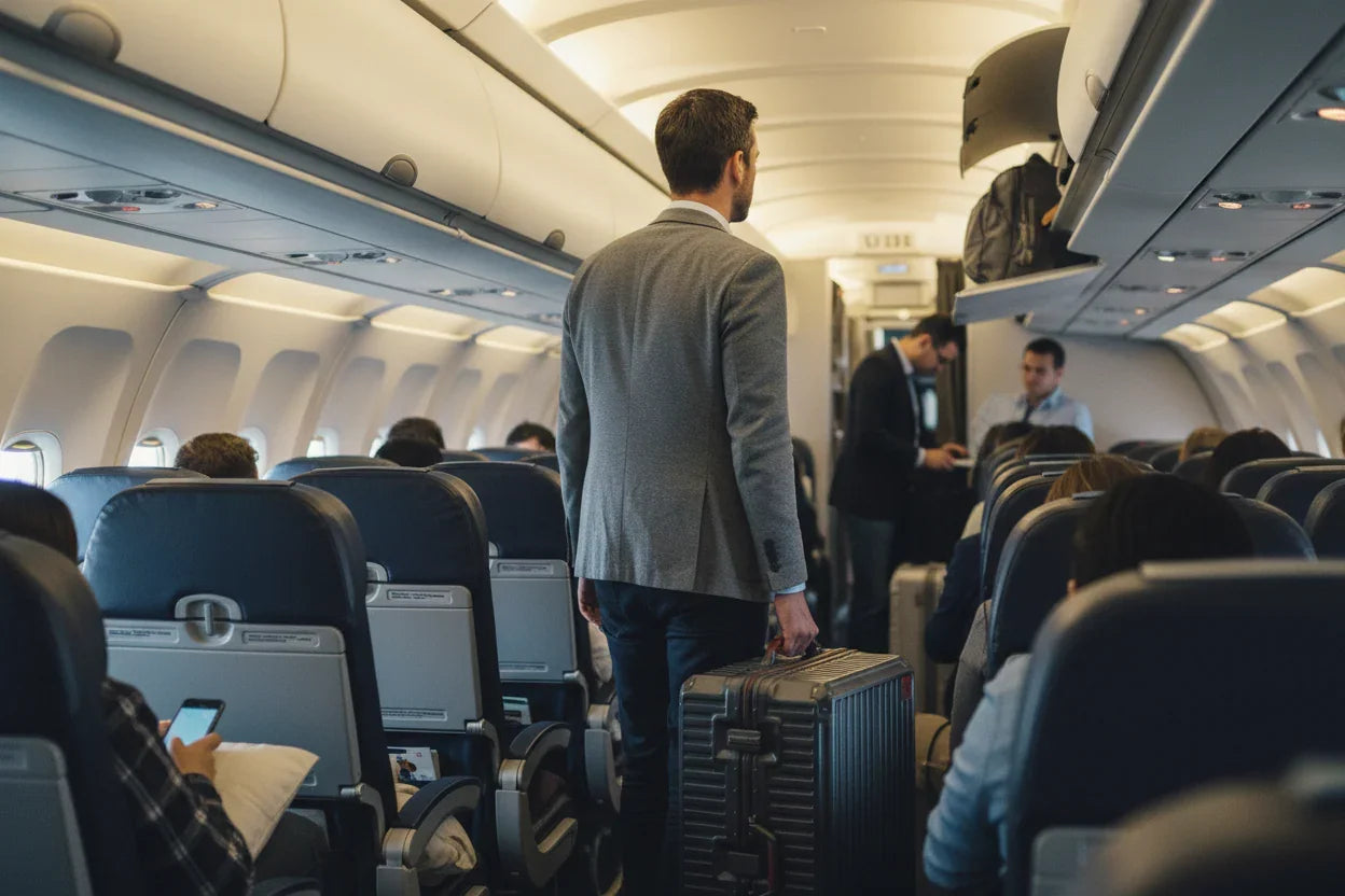 Valise cabine cadre aluminium transportée dans l’allée d’un avion, format conforme cabine pour un embarquement sans stress.