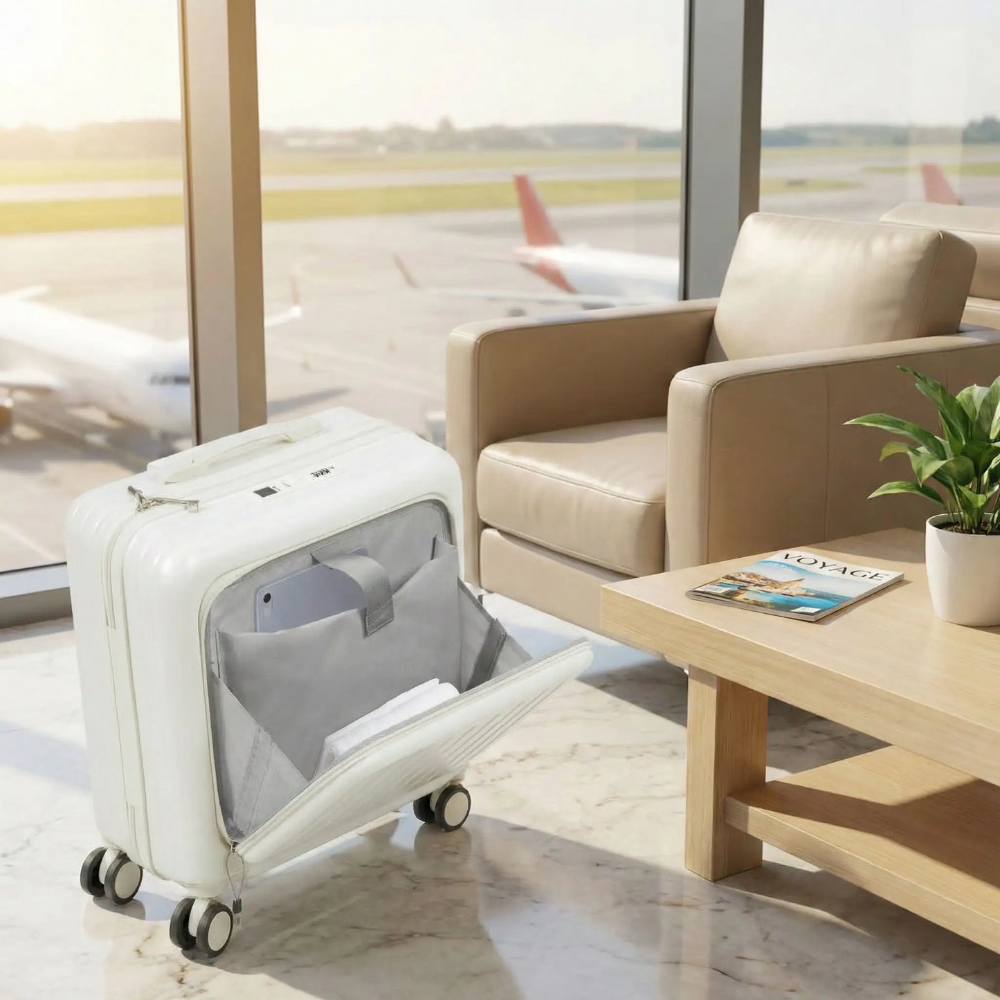 Valise cabine business avec compartiment avant à accès rapide pour ordinateur portable, idéale pour voyager organisé en aéroport.