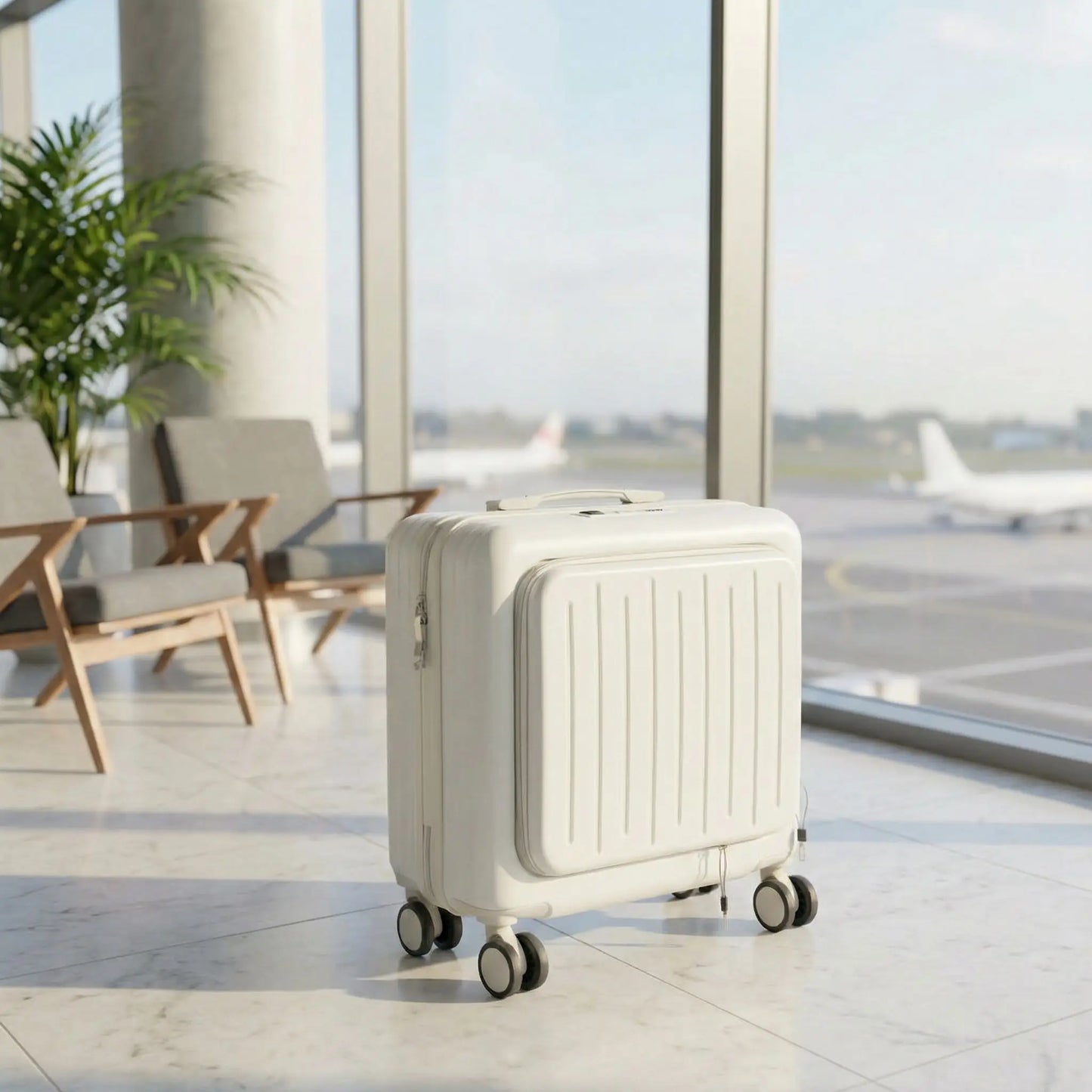 Valise cabine business format compact placée en salle d’attente d’aéroport, parfaite pour les voyages professionnels courts.