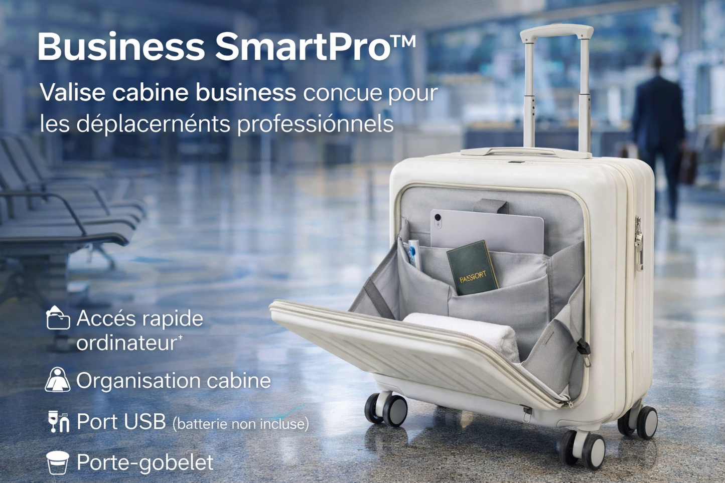 Valise cabine business SmartPro conçue pour les déplacements professionnels avec organisation cabine et accès rapide aux essentiels.