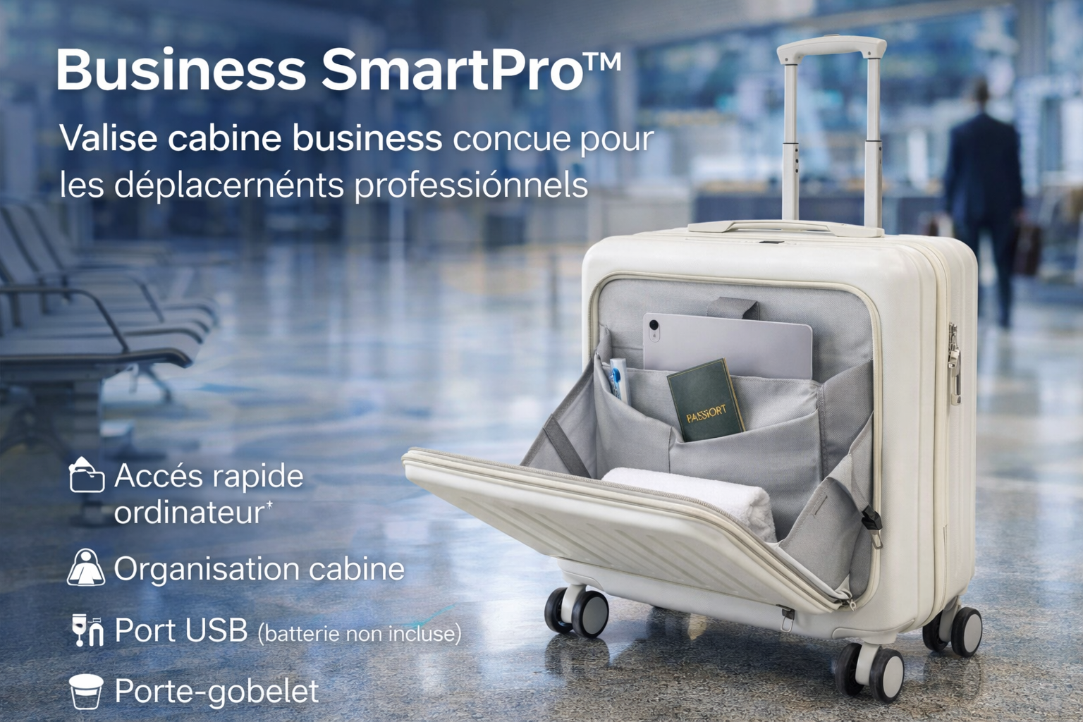 Valise cabine business SmartPro conçue pour les déplacements professionnels avec organisation cabine et accès rapide aux essentiels.