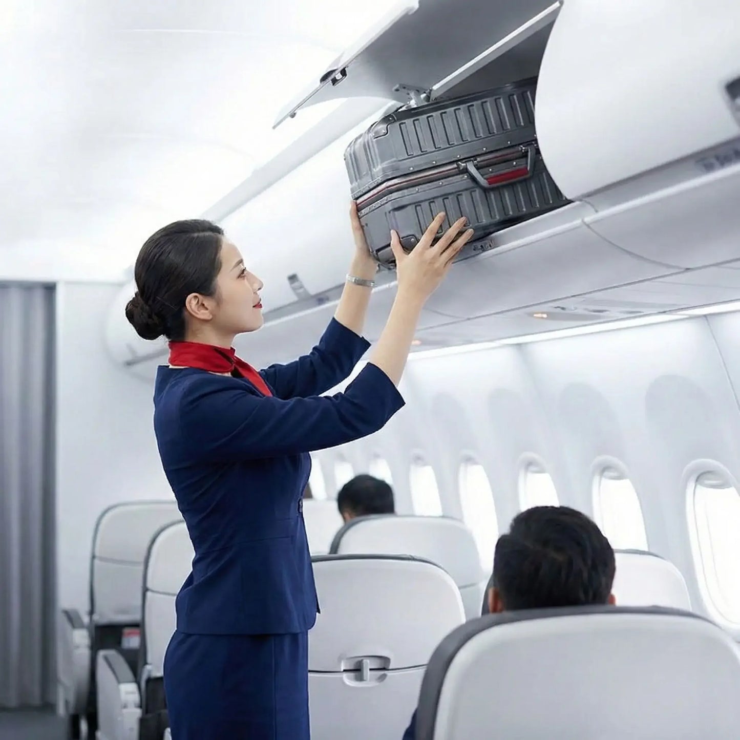 Valise cabine rigide placée dans le compartiment supérieur de l’avion, idéale pour voyager en cabine en toute sérénité.