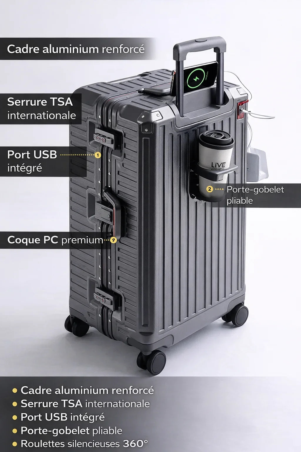 Valise cabine avec cadre aluminium renforcé, port USB intégré, porte-gobelet pliable et roulettes multidirectionnelles silencieuses.