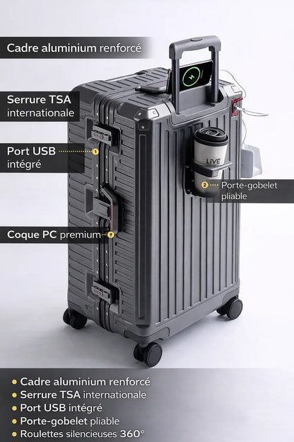 Valise cabine avec cadre aluminium renforcé, port USB intégré, porte-gobelet pliable et roulettes multidirectionnelles silencieuses.
