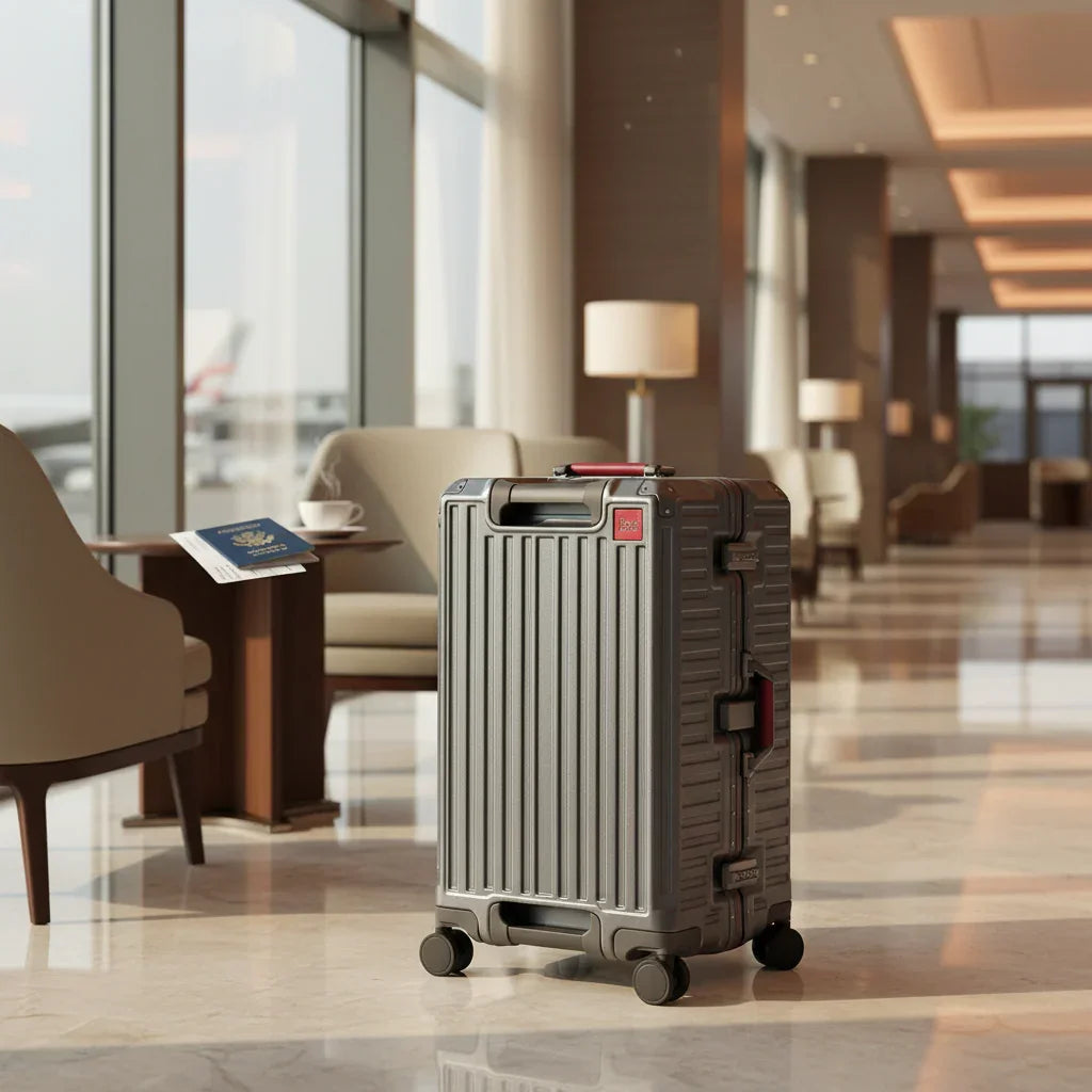 Valise cabine cadre aluminium utilisée en voyage, format pratique pour les déplacements en avion et en train.