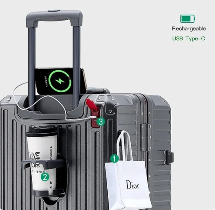 Valise cabine avec port USB intégré et porte-gobelet pratique pour voyager connecté