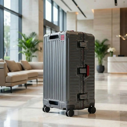 Valise cabine premium avec cadre aluminium dans un environnement hôtelier, élégante et conçue pour durer.