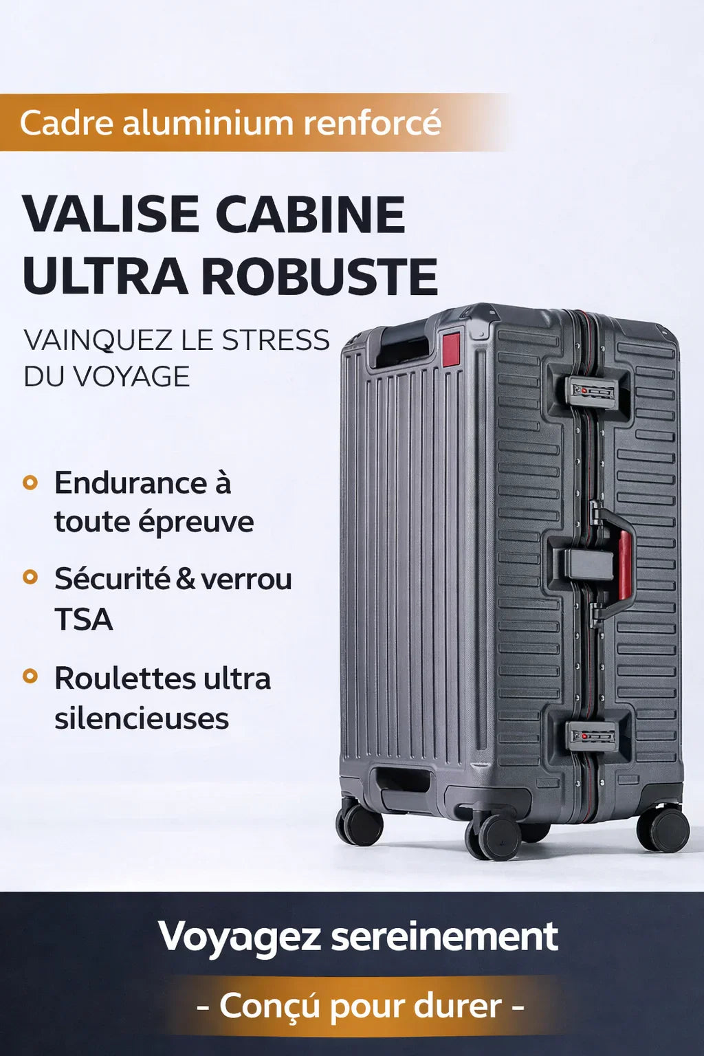 Valise cabine ultra robuste avec cadre aluminium, sécurité TSA et roulettes silencieuses 360° pour un voyage sans stress.