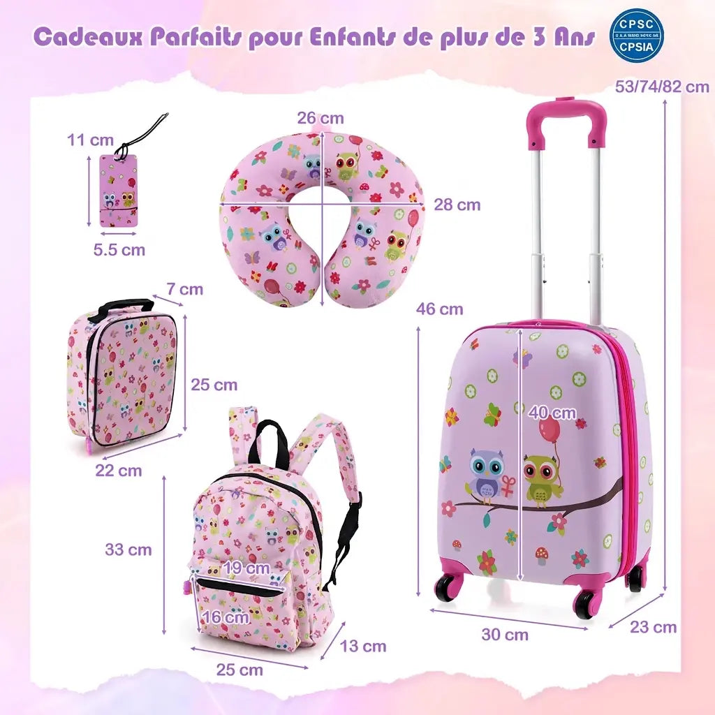 Dimensions illustrées de la valise enfant fille rose et des accessoires assortis Rose Échappée™