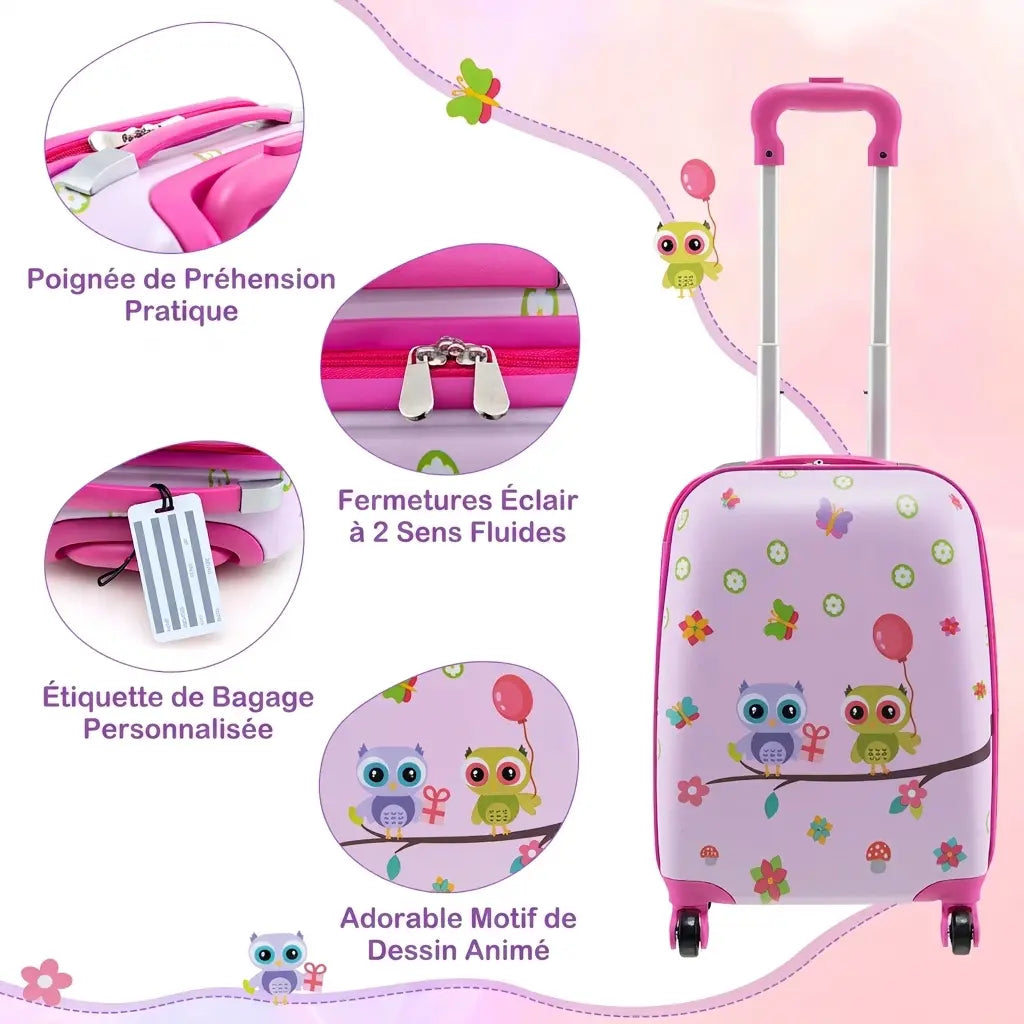 Valise enfant fille Rose Échappée™, détails des chouettes, de la poignée rose et du zip à deux tirettes
