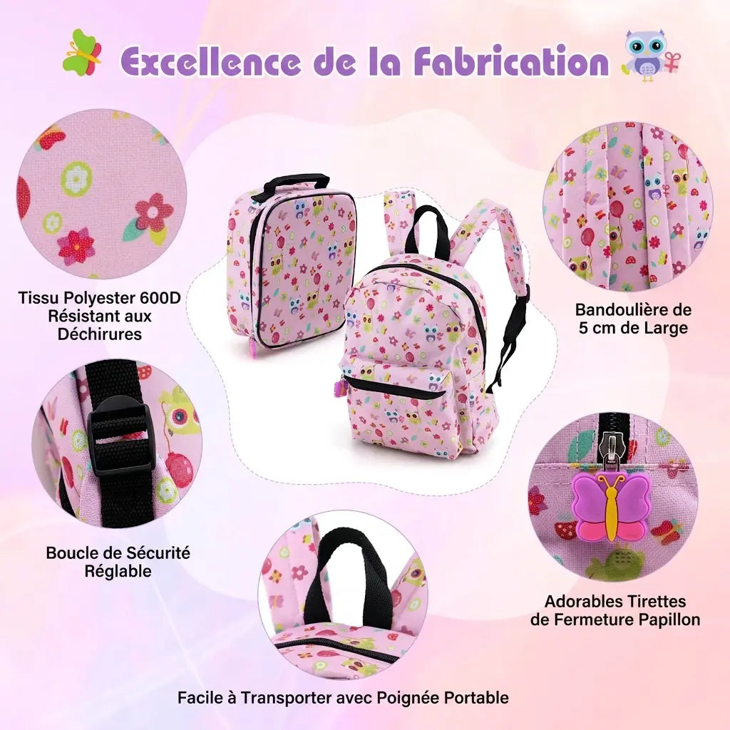 Sac à dos et sac repas roses à motifs chouettes, détails des bretelles et des tirettes papillon