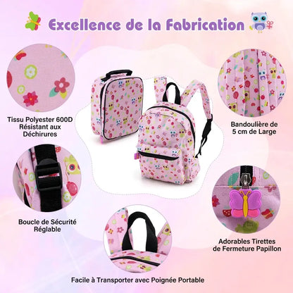 Sac à dos et sac repas roses à motifs chouettes, détails des bretelles et des tirettes papillon