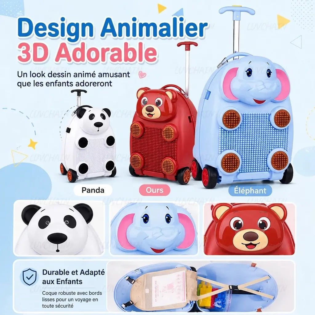 Valises enfant panda, ours et éléphant, détails des visages 3D et de l’intérieur avec sangles croisées