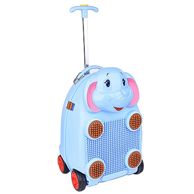 Valise enfant à roulettes éléphant bleu aux oreilles roses, poignée télescopique déployée