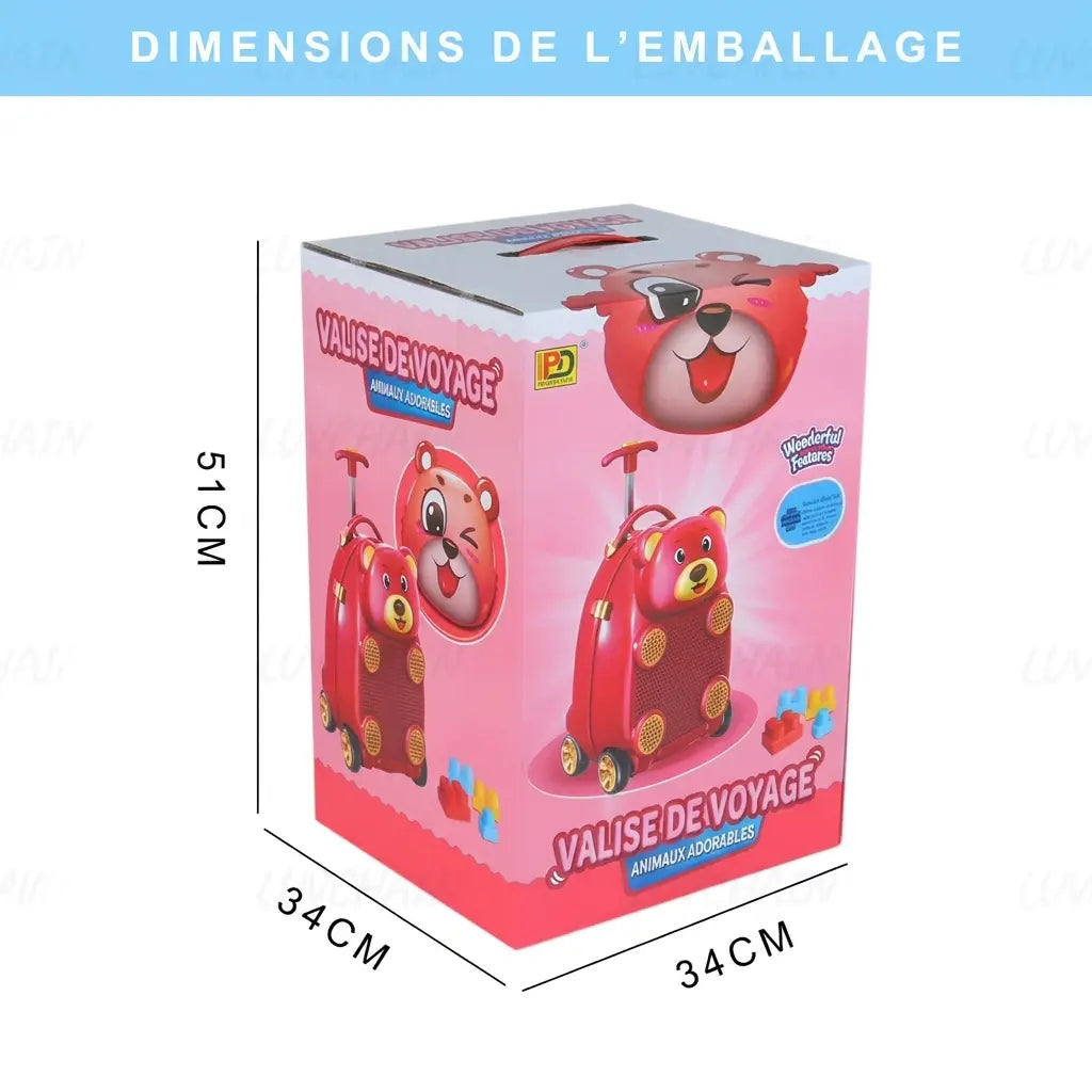 Carton d’emballage de la valise ours rouge, mesures indiquées de 51 × 34 × 34 cm