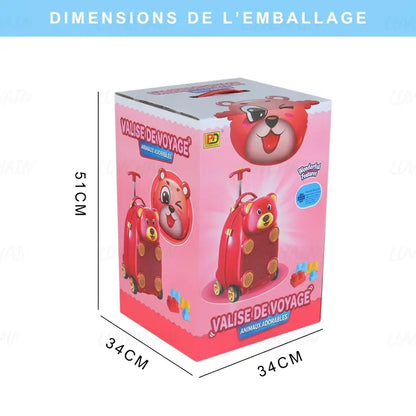 Carton d’emballage de la valise ours rouge, mesures indiquées de 51 × 34 × 34 cm