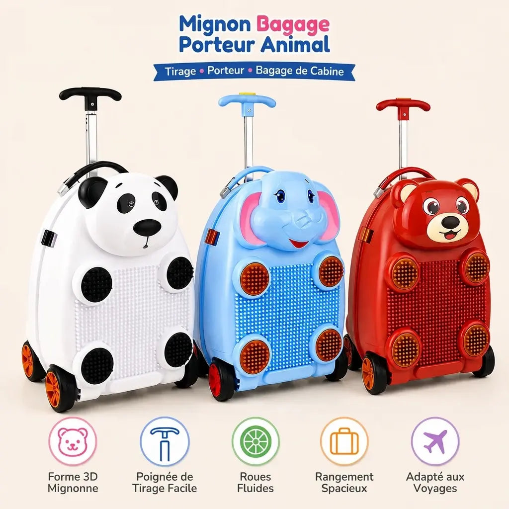 Trois valises enfant à roulettes avec animaux en relief 3D : panda, éléphant bleu et ours rouge