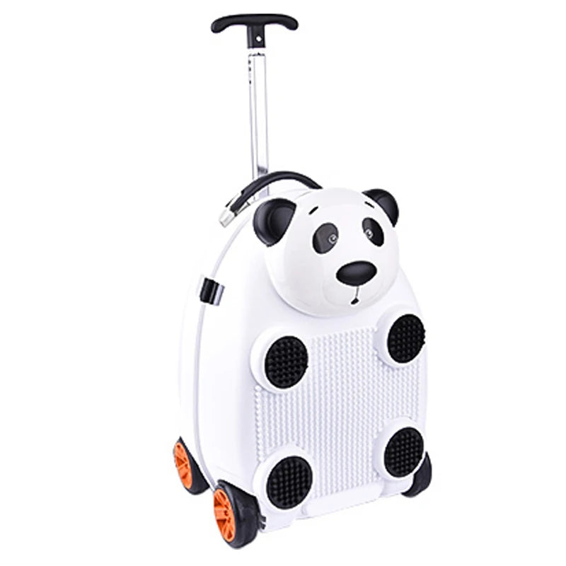 Valise enfant panda blanc et noir en relief 3D, poignée télescopique déployée sur fond blanc