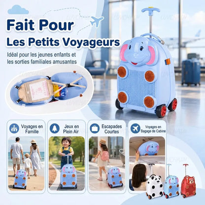Valise enfant éléphant bleu, intérieur ouvert avec sangles et mises en scène de voyage en famille