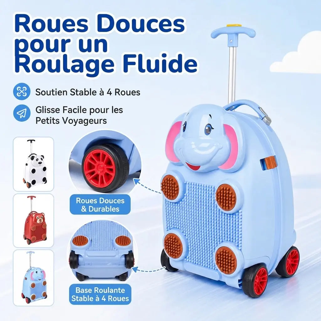 Valise enfant à roulettes éléphant bleu, gros plans sur les roues rouges et la base du bagage
