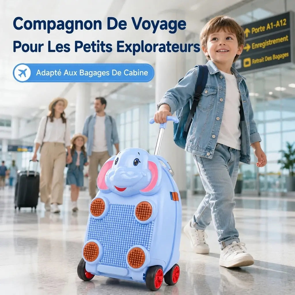 Enfant tirant une valise éléphant bleu Compagnon d’Escale™ dans un terminal d’aéroport
