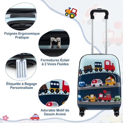 Valise enfant à roulettes P’tite Escapade™, détails de la poignée, du zip et des motifs véhicules