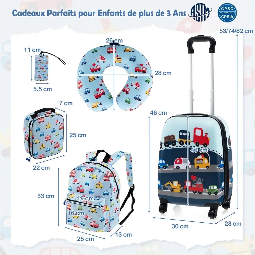 Dimensions illustrées de la valise enfant et des quatre accessoires du kit bleu P’tite Escapade™