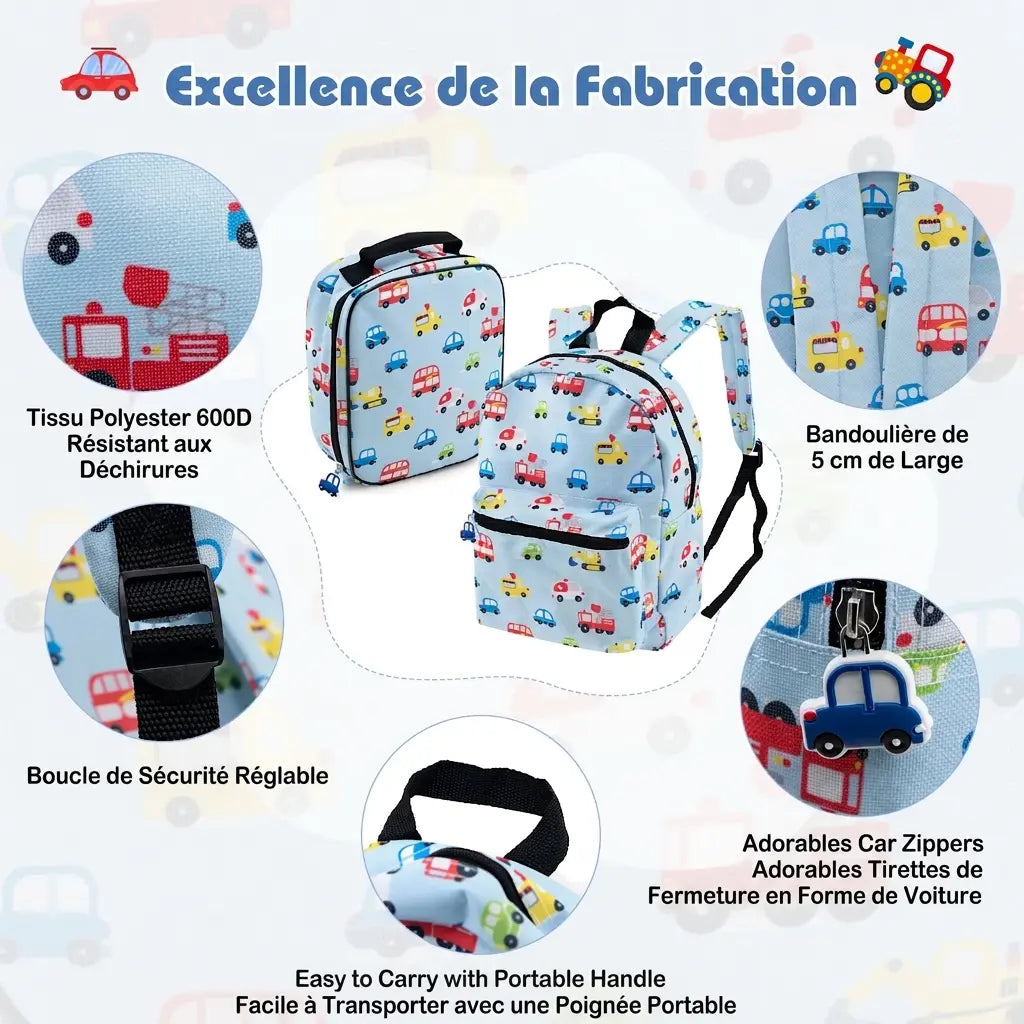 Sac à dos et sac repas bleus à motifs véhicules, détails des bretelles, poignées et tirettes voiture
