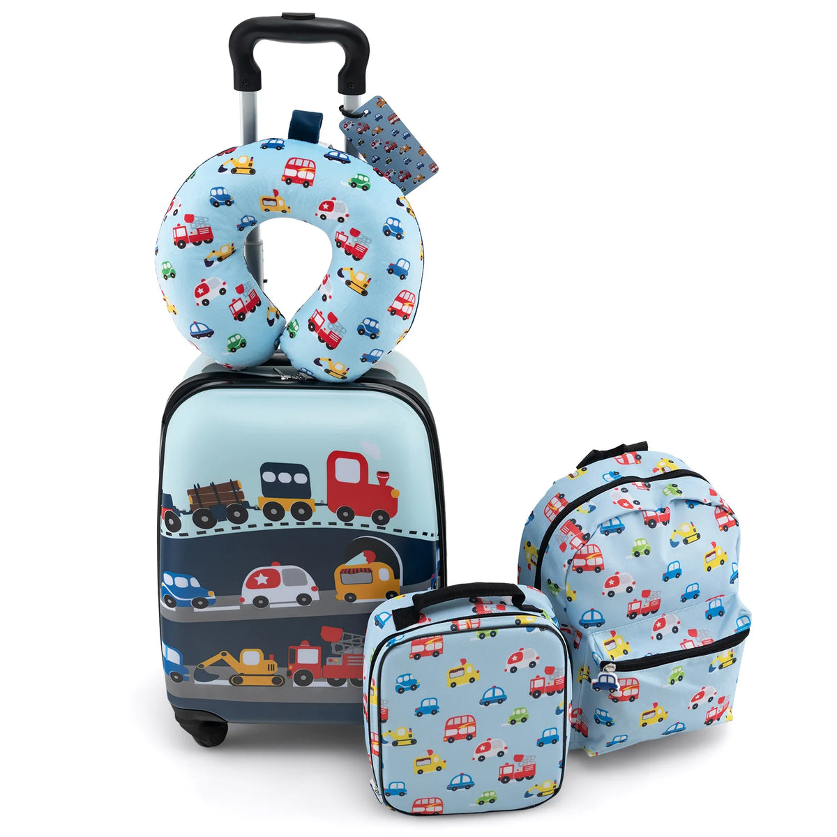 Valise enfant avec sac à dos, sac repas, coussin et étiquette assortis, kit bleu à motifs véhicules P’tite Escapade™
